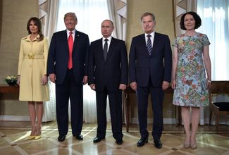 Мелания и Дональд Трамп, Владимир Путин, Саули Ниинистё и его жена Йенни Хаукио на встрече в Хельсинки. 16 июля 2018 года