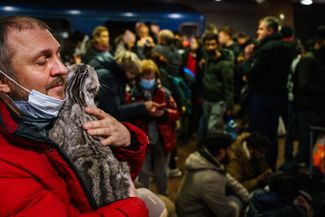 Житель Харькова старается успокоить своего испуганного кота в бомбоубежище