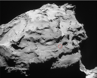 Комета Чурюмова-Герасименко. Красным кружком отмечено место, в котором «Розетта» столкнется с кометой 30 сентября 2016-го