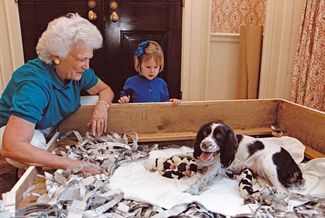 Барбара Буш с внучкой Маршалл Ллойд Буш и собакой Милли в Белом доме. 18 марта 1989 года <br>
