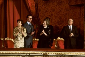 Mikhail Gorbachev and his wife, Raisa Gorbacheva, at the Bolshoi Theater with British Prime Minister Margaret Thatcher. April 1989.