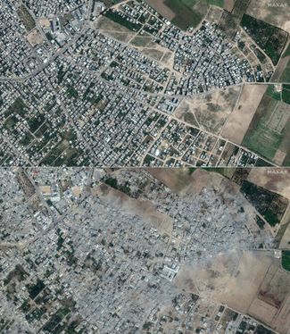 Бейт-Ханун — город на северо-востоке сектора Газа с населением около 30 тысяч человек. Верхний снимок сделан 1 мая 2023 года, нижний — 21 октября 2023 года