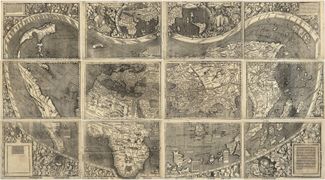 Настенная карта Мартина Вальдзеемюллера 1507 года (132×236 см) включает в себя, по сути, две карты мира. В верхней части основной карты мира находится другая, поменьше, а также имеются два изображения: слева — Клавдия Птолемея, справа — Америго Веспуччи. Птолемей держит в руках квадрант, который служит для измерения высоты небесных светил над горизонтом, а Веспуччи — циркуль. Цель карты — представить весь мир, используя классические античные сведения (Птолемей) и последнюю географическую информацию (Веспуччи). В дополнение к использованным античным источникам карта содержит несколько иллюстрированных текстов, касающихся новейших географических данных. Впервые на карте мира Вальдзеемюллера показано, что недавно открытые земли в западной половине Атлантики не связаны с Азией и, следовательно, образуют четвертый континент.