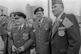 American soldiers awarded the Medal of Honor attend the parade in Moscow.