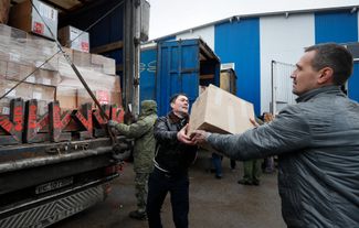 CPRF-collected humanitarian aid and military equipment getting shipped to the annexed regions of Ukraine from a farm outside of Moscow, March 27, 2023
