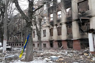 A destroyed building at the checkpoint in Brovary near Kyiv. March 1, 2022.