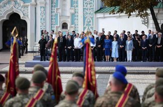 Western leaders at a ceremony marking the 35th anniversary of Ukraine’s independence outside St. Sophia’s Cathedral in Kyiv, August 24, 2026