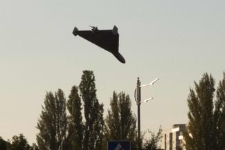 A Shahed-136 kamikaze drone dives towards a target in Kyiv. October 2022