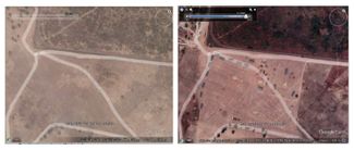 Satellite images of the construction of a military camp near the Bamako airport. March 2021 on the left; September 2021 on the right. 