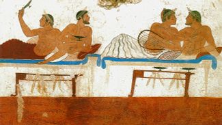 Однополые пары на пиршестве. Фрагмент фрески в «Гробнице ныряльщика» в Пестуме. Около 480 г. до н. э.