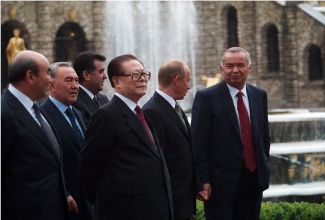The leaders of Russia, China, Kazakhstan, Tajikistan, and Uzbekistan after the signing of the Shanghai Cooperation Organization in June 2002.