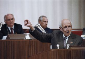 Mikhail Gorbachev (back left) during a speech by physicist Andrey Sakharov at the Congress of People's Deputies of the USSR. Sakharov called for the abolition of the Communist Party’s monopoly on power in the Soviet Union. June 9, 1989.