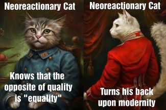 Мемовое объяснение неореакционной идеологии: «равенство» — антоним «качества»; неореакционная кошка поворачивается спиной к современности