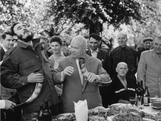 Khrushchev and Castro have lunch at a kolkhoz in Georgia, 1963.