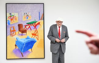 David Hockney with one of his works. 2015