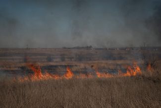 Пожар на поле у линии фронта под Марьинкой