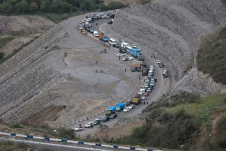 A line of Karabakh refugees’ cars near Kornizor, 16 kilometers (10 miles) from Goris. September 26, 2023.