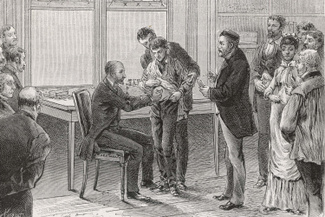 Луи Пастер, французский химик и микробиолог, наблюдает за вакцинацией против бешенства в своей лаборатории. 1886 год