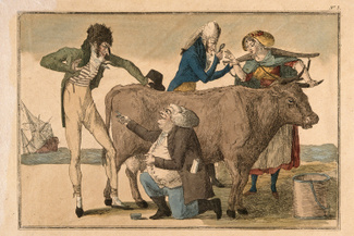 Эдвард Дженнер проверяет руку доярки, зараженной коровьей оспой