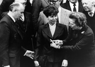 December 16, 1984. The first meeting of the future General Secretary of the Central Committee of the CPSU Mikhail Gorbachev, his wife Raisa and Margaret Thatcher during the visit of the Soviet delegation to the United Kingdom.  The visit, which took place during a serious illness of General Secretary Konstantin Chernenko, became a kind of 