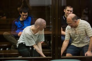 Участники «болотного дела» Владимир Акименков, Сергей Кривов, Андрей Барабанов и Алексей Полихович в суде, 15 августа 2013 года