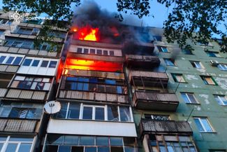 Fire after a Russian drone attack in Drozhkovka, Donetsk region, May 10, 2026. There were no casualties as a result of the attack.