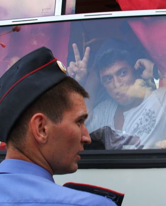 Nemtsov is detained at an opposition rally in Moscow’s Triumfalnaya Square, August 2, 2010.
