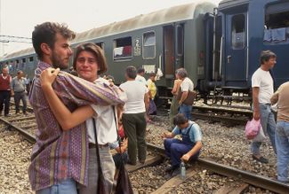 A train carrying Bosnian refugees stopped in Croatia. July 1992.