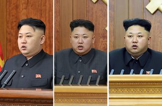 Слева направо: Ким Чен Ын во время новогодних посланий 1 января 2013, 2014 и 2015 годов