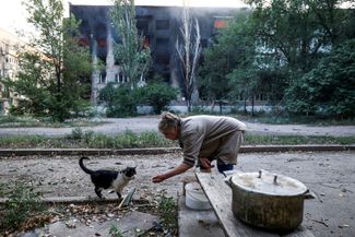 Местная жительница, 72-летняя Татьяна, продолжает подкармливать животных, оставленных владельцами в ходе эвакуации. Каждый день, несмотря на интенсивные обстрелы, она готовит и раздает еду брошенным животным.