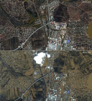 Спутниковый снимок одного из районов Оренбурга до (6 апреля) и после (11 апреля) затопления. 