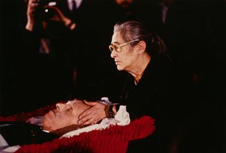 Elena Bonner photographed next to Andrei Sakharov’s coffin during a memorial service at Lebedev Institute in Moscow. December 18, 1989.