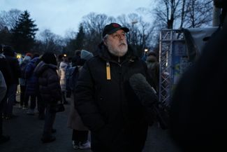 Russian film director Vitaly Mansky at a protest in Riga