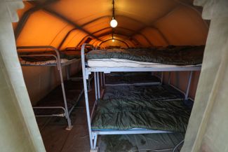 One of the tents set up by Russia’s Emergency Situations Ministry at a makeshift camp for evacuees from the Donbas
