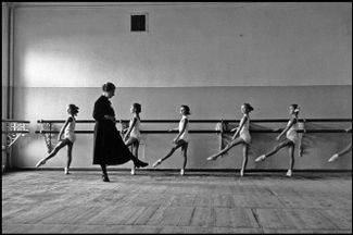 Dancers work on their technique at the Bolshoi Ballet Academy. Moscow, 1958.
