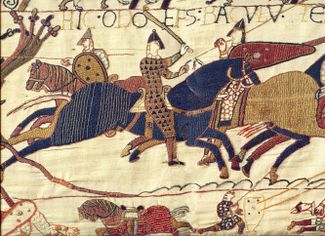 Сцена из гобелена в Байё с изображением Одо, епископа Байё, объединяющего войска герцога Уильяма во время битвы при Гастингсе в 1066 году