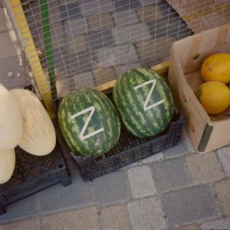 July 26th 2022. Yeysk, Krasnodar Krai, Russia. Watermelons decorated with the pro-war Z symbol for sale at a grocery store in Yeysk, a resort town and port situated on the shore of the Taganrog Gulf of the Sea of Azov.