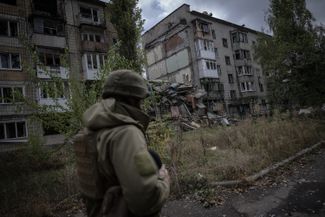 A soldier in the frontline city of Avdiivka after shelling. October 17, 2023.