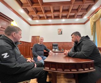 From left to right: United Russia General Council Secretary Andrey Turchak, Kherson region occupation government head Volodymyr Saldo, DNR leader Denis Pushilin. May 6, 2022