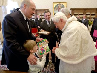 Lukashenko and his son, Nikolai, meet Pope Benedict XVI during an official visit to the Vatican on April 27, 2009