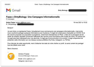The email Léo Grasset received from a representative of the company “Fazze”<br>