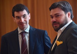 Presidential adviser Igor Shchyogolev (left) and “Safe Internet League” founder Konstantin Malofeyev at the “Holy Russia and Holy Mount Athos: Traditions and Modernity” conference in January 2016.