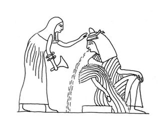 Деталь изображения на гробнице Неферхотепа, ок. 1300 года до н. э. Женщина слева — служанка, подающая сосуд с вином. Дама справа пьяна