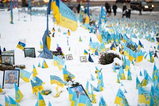 Импровизированный мемориал из тысяч флажков, установленных в память о погибших украинских военнослужащих, в снегу на киевском Майдане Незалежности (Площади Независимости)