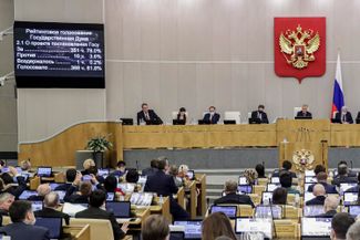 The Russian State Duma voting on the KPRF’s draft resolution. February 15, 2022.