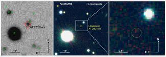 Слева — снимок вспышки AT2021lwx, полученный Установкой по поиску транзиентов им. Цвикии (ZTF). Сам снимок получен 16 декабря 2020 года, но вспышку на этом архивном изображении удалось рассмотреть только после того, как AT2021lwx изучили на других телескопах. Зелеными кругами показаны звезды из крупнейшего звездного каталога «Гайя DR2». Справа изображение того же района из архива обзора PanSTARRS. Если бы AT2021lwx оказалась квазаром, на снимке должна была бы присутствовать галактика
