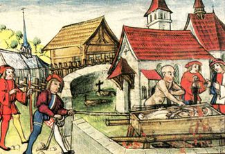 Фрагмент миниатюры из «Люцернской хроники» Диболда Шиллинга Младшего «Суд божий над женоубийцей Гансом Шписсом и колесование его в Эттисвиле»
