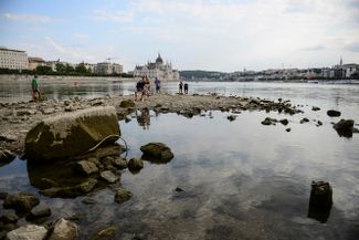 Часть острова Маргит в Будапеште, которую стало видно из-за низкого уровня воды в Дунае. 9 августа 2022 года