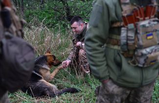 Собака по кличке Бас — талисман минометного подразделения горной бригады «Эдельвейс». Военнослужащие подразделения спасли Баса прошлым летом под Киевом — и с тех пор везде берут с собой
