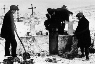 Комсомольцы извлекают зерно, спрятанное кулаками на кладбище, ноябрь 1930 года